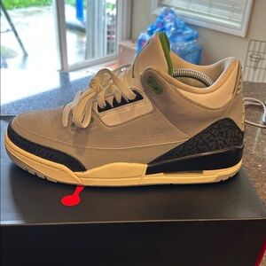 Jordan 3  Men's Grey and Black Leather Retro Sneakers with Green Accents